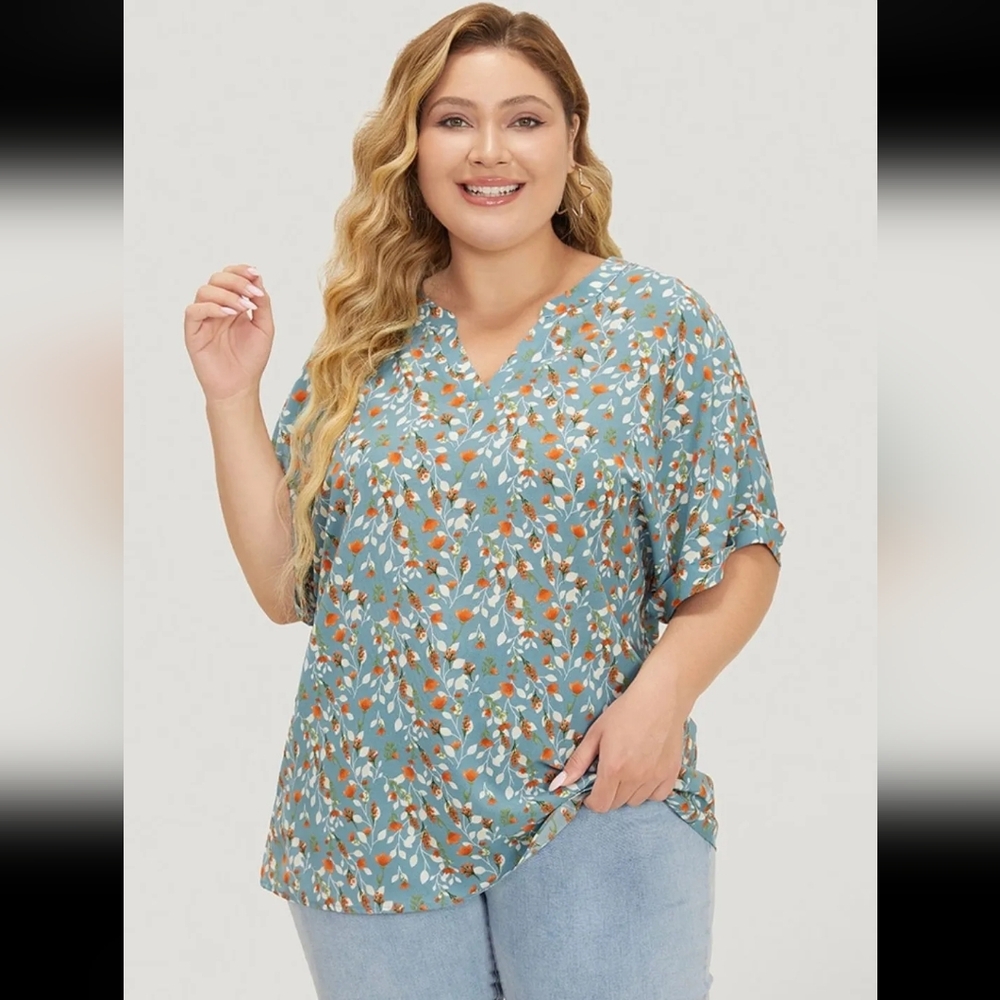 BloomChic Notched Floral Rolled Short Sleeve Blouse - Teal/Orange/White - 14/16